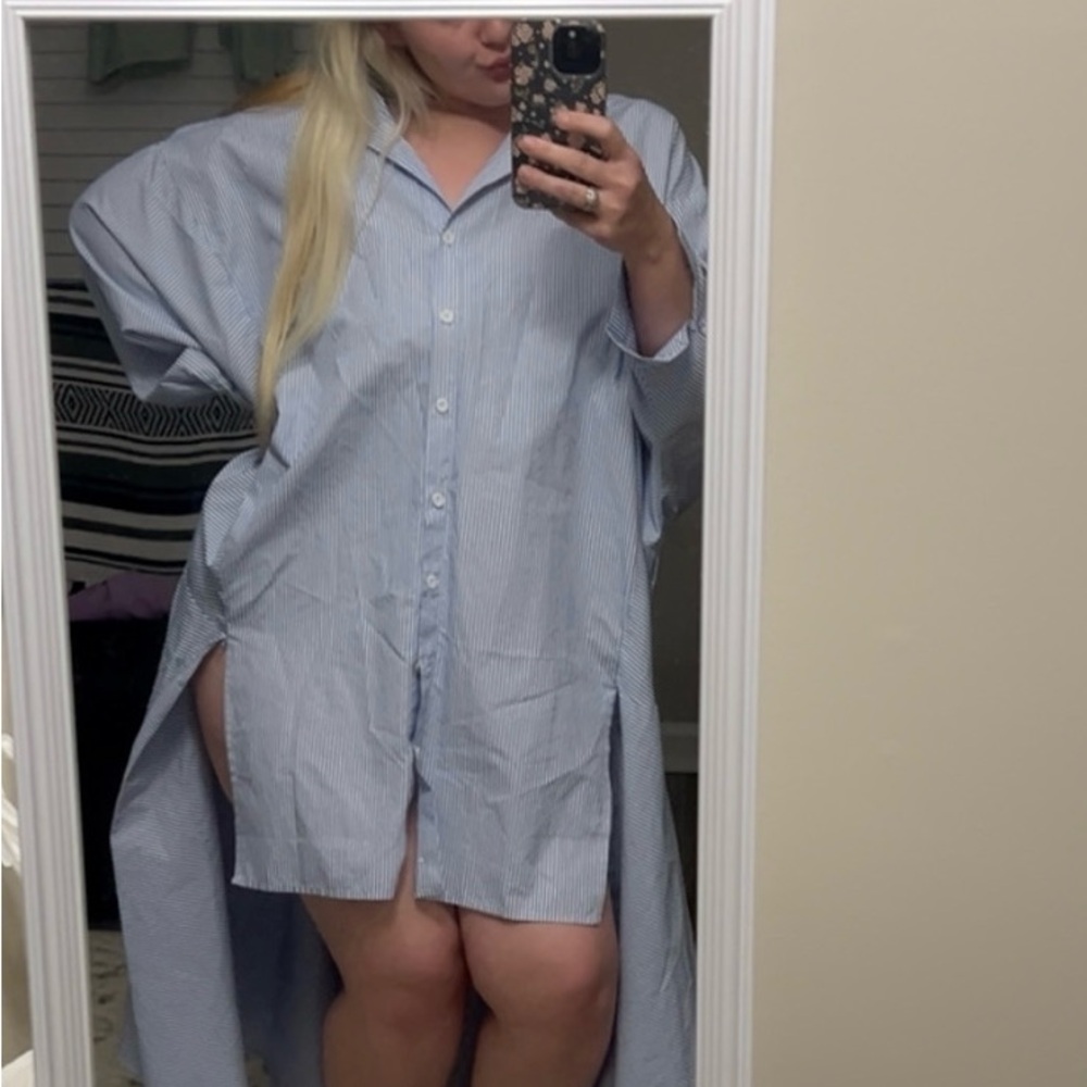 Blue Striped Button-Up Shirt Dress